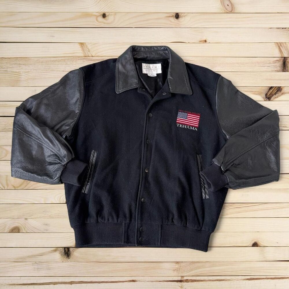 Teháma “Clint” Wool Body Leather-Sleeve Varsity Jacket‎ — L — Flag Embroidery